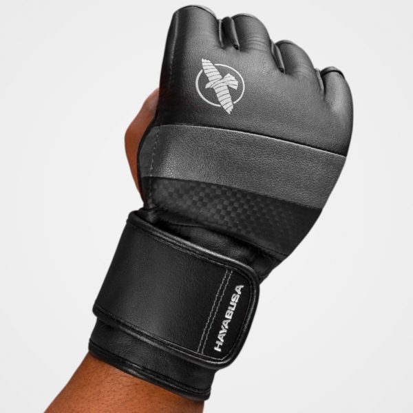 Black/Grey Hayabusa T3 MMA Gloves with closed fist