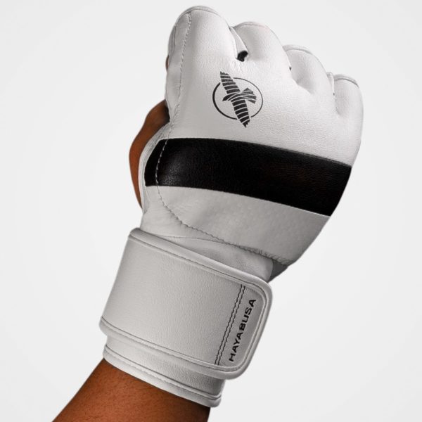 White/Black Hayabusa T3 MMA Gloves with closed fist