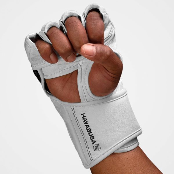 White/Black Hayabusa T3 MMA Gloves with palm of hand
